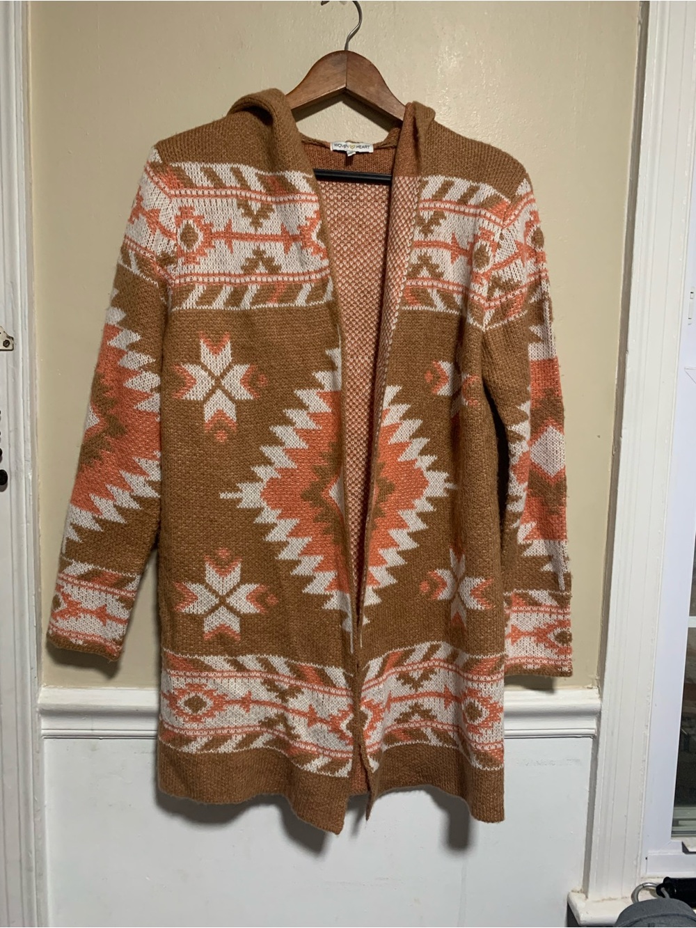 Woven Heart Open Cardigan Women’s Size M Medium Brown Aztec Long Sleeve W/Hood